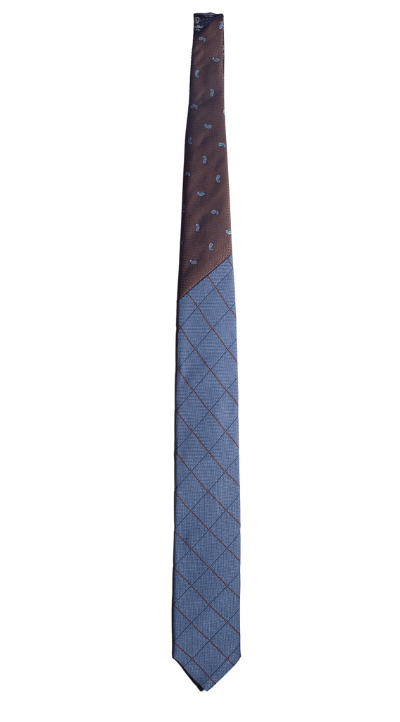 Cravatta a Quadri Blu Avio Marrone Nodo in Contrasto Marrone Paisley Celeste Made in Italy Graffeo Cravatte Intera