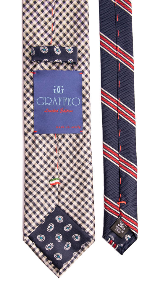 Cravatta a Quadri Bianca Beige Blu Nodo in Contrasto Blu Made in italy Graffeo Cravatte Pala