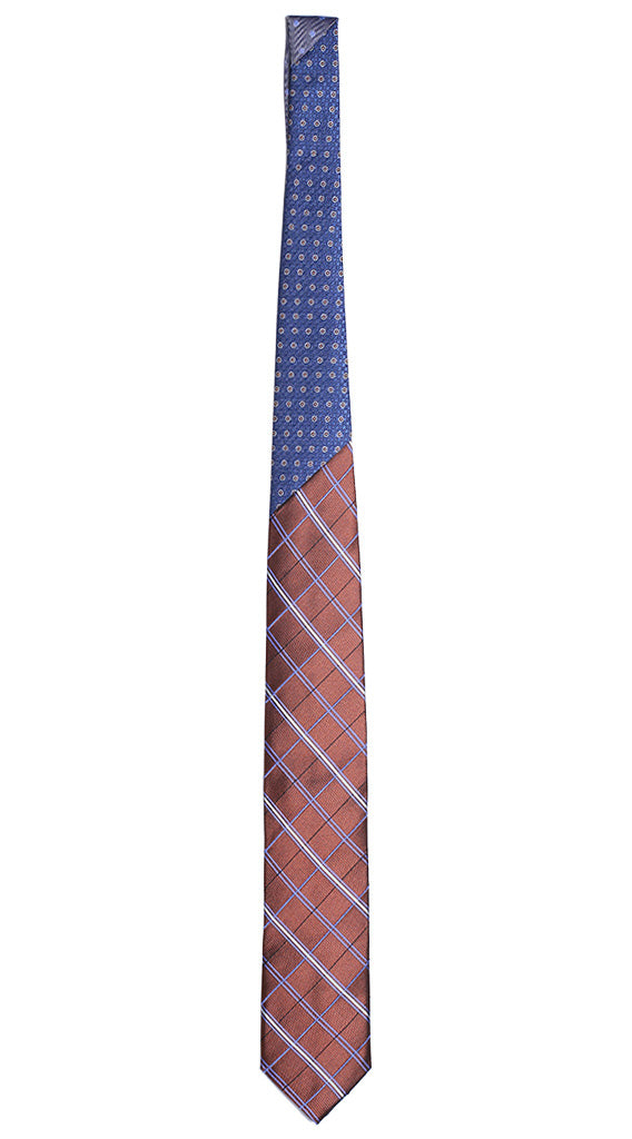 Cravatta a Quadri Marrone Celeste Bluette Nodo in Contrasto Bluette Pois Bianco Arancione Made in Italy Graffeo Cravatte Intera