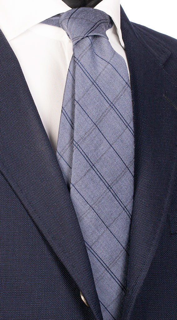 Cravatta a Quadri di Lana Celeste con Righe Blu Grigie Made in Italy Graffeo Cravatte