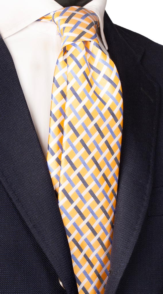 Cravatta a Quadri di Seta Arancione Chiaro Bianco Blu Celeste Made in Italy Graffeo Cravatte