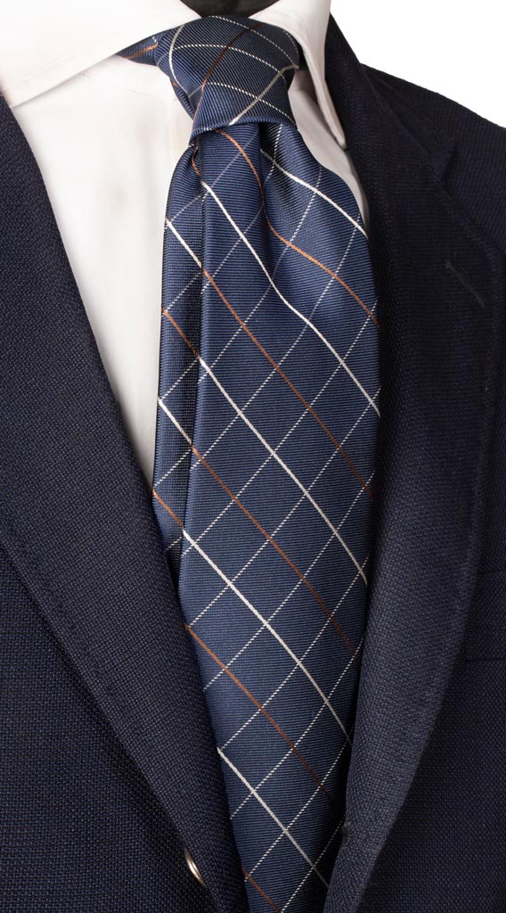 Cravatta a Quadri di Seta Blu Bianco Marrone Made in Italy Graffeo Cravatte