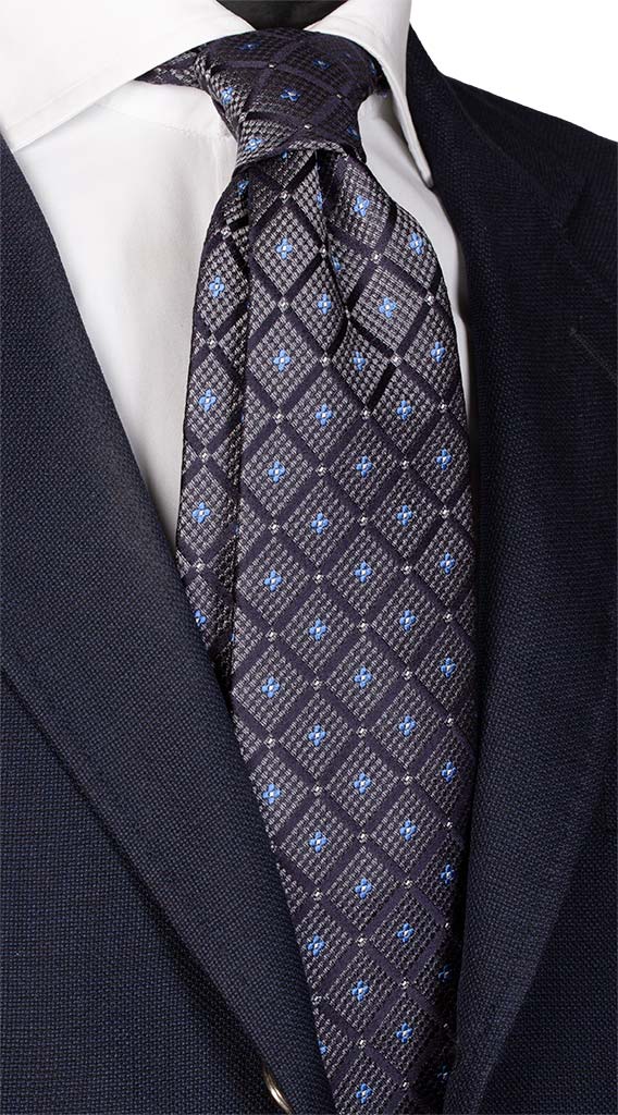 Cravatta a Quadri di Seta Jaspé Grigia Blu a Fiori Celesti Made in Italy Graffeo Cravatte