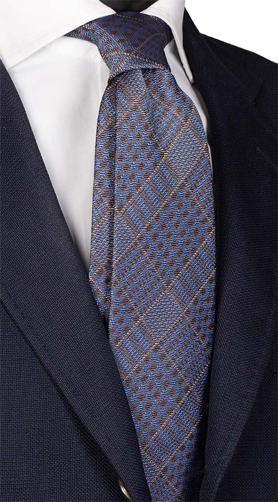 Cravatta a Quadri di Seta Jaspé Marrone Celeste Beige Made in Italy Graffeo Cravatte