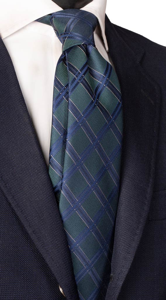 Cravatta a Quadri di Seta Verde Bluette Blu Bianco Made in Italy Graffeo Cravatte