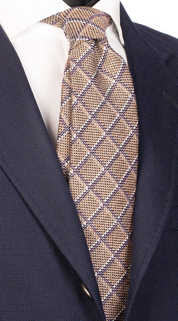 Cravatta a Quadri in Lana Seta color Corda con Righe Viola Beige Made in Italy Graffeo Cravatte