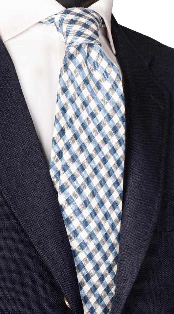 Cravatta a Quadri in Seta Lino Blu Avio Bianco Grigio Made in Italy Graffeo Cravatte