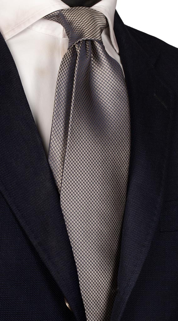 Cravatta da Cerimonia di Seta Fantasia Pied de Poule Blu Tortora Made in Italy Graffeo Cravatte