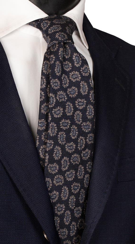 Cravatta di Cashmere Blu Paisley Beige Celeste Made in Italy Graffeo Cravatte