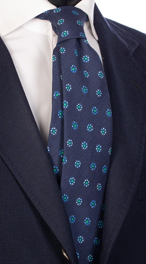 Cravatta di Cotone Blu Fantasia Floreale Celeste Bianco Verde Made in Italy Graffeo Cravatte