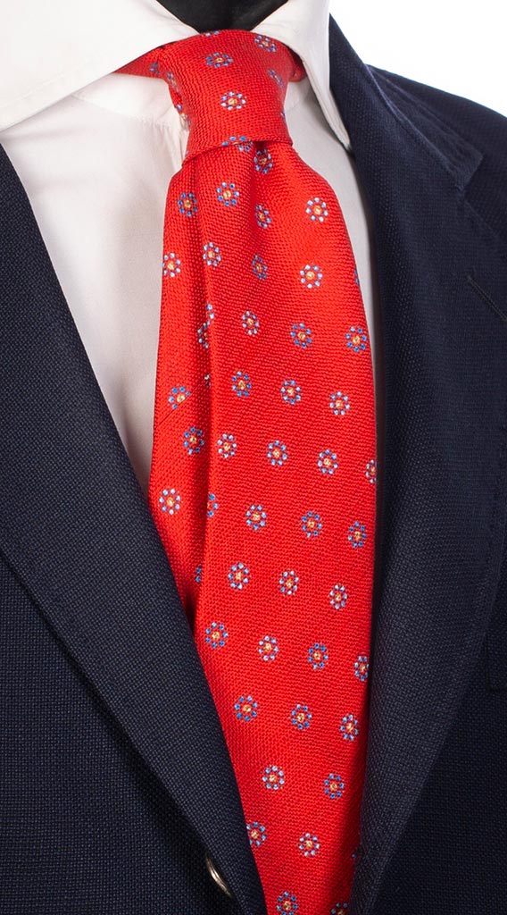 Cravatta di Cotone Rossa Fantasia Celeste Beige Made in Italy Graffeo Cravatte