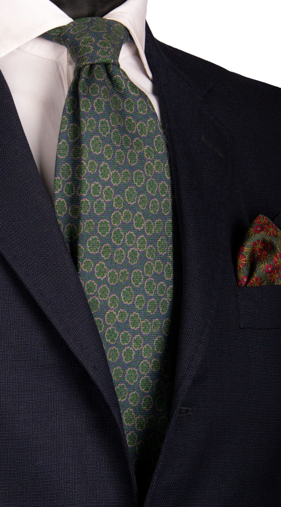 Cravatta di Lana Blu Navy Verde a Fiori Beige Made in Italy Graffeo Cravatte