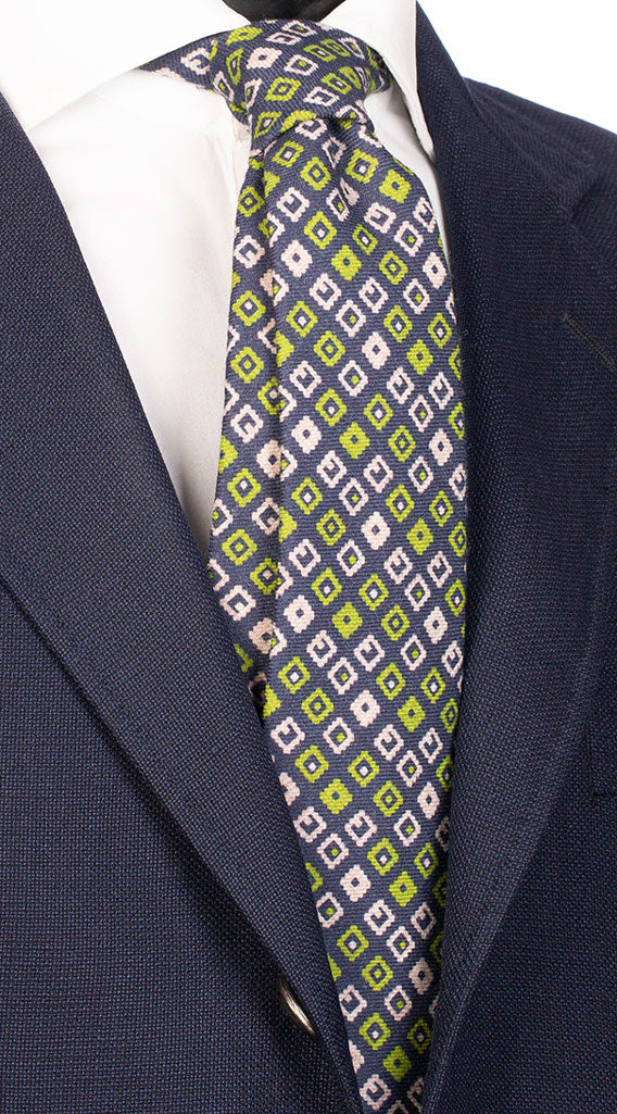 Cravatta di Lana Blu Navy a Fantasia Verde Beige Made in Italy Graffeo Cravatte