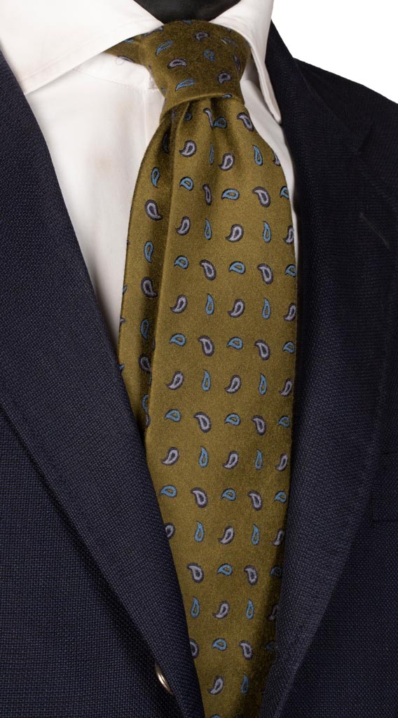 Cravatta di Lana Verde Paisley Grigio Chiaro Blu Azzurro Made in Italy Graffeo Cravatte