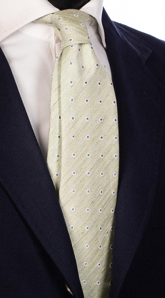 Cravatta di Lino Seta Verde Chiaro Pois Bianco Celeste Made in Italy Graffeo Cravatte