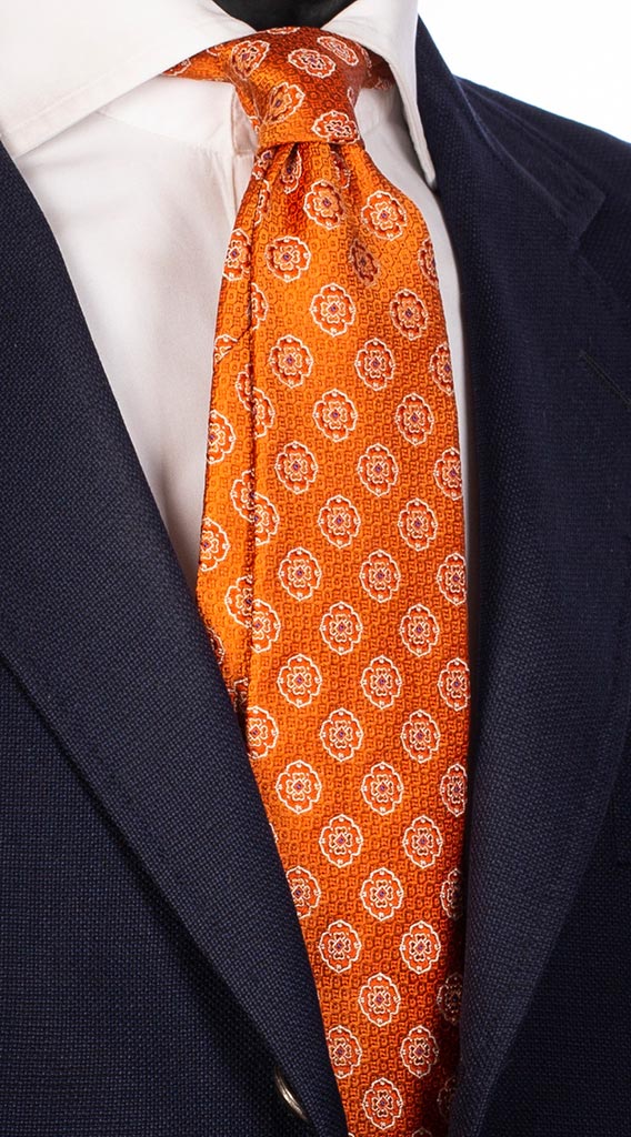 Cravatta di Seta Arancione Fantasia Tono su Tono Bianca Bluette Made in Italy Graffeo Cravatte