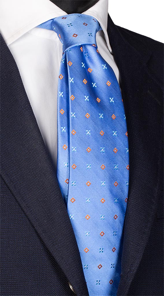 Cravatta di Seta Azzurra Fantasia Arancione Bianco Verde Made in Italy Graffeo Cravatte