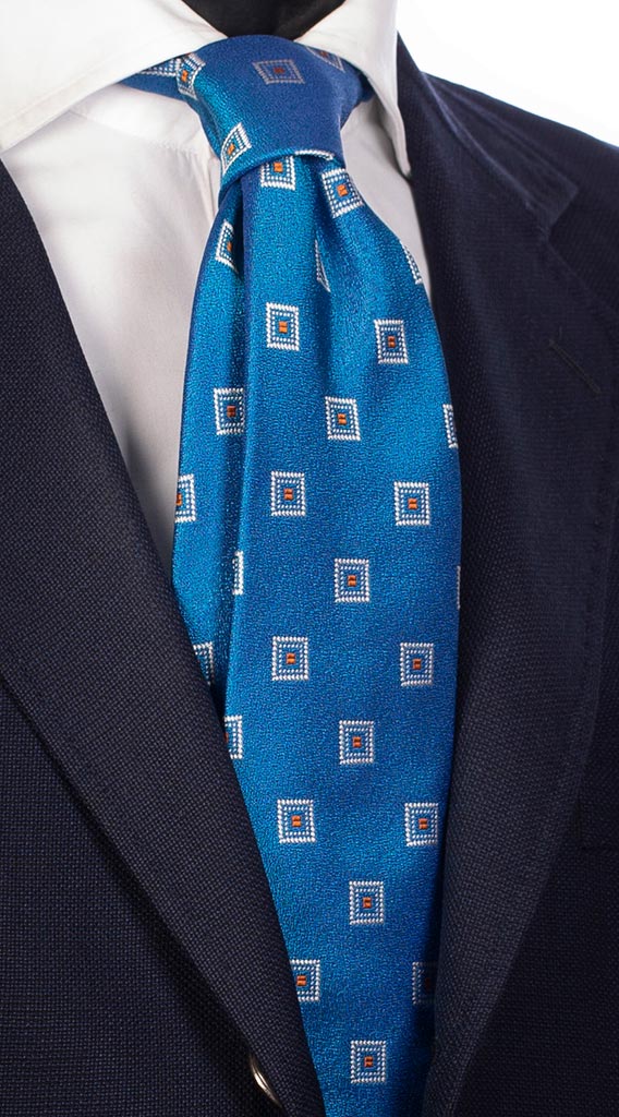 Cravatta di Seta Azzurra Fantasia Bianca Arancio Made in Italy Graffeo Cravatte