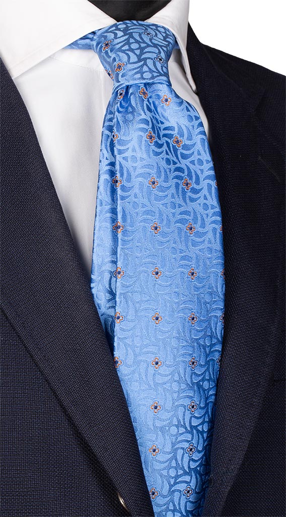 Cravatta di Seta Azzurra Fantasia Tono su Tono a Fiori Arancione Blu Made in Italy Graffeo Cravatte
