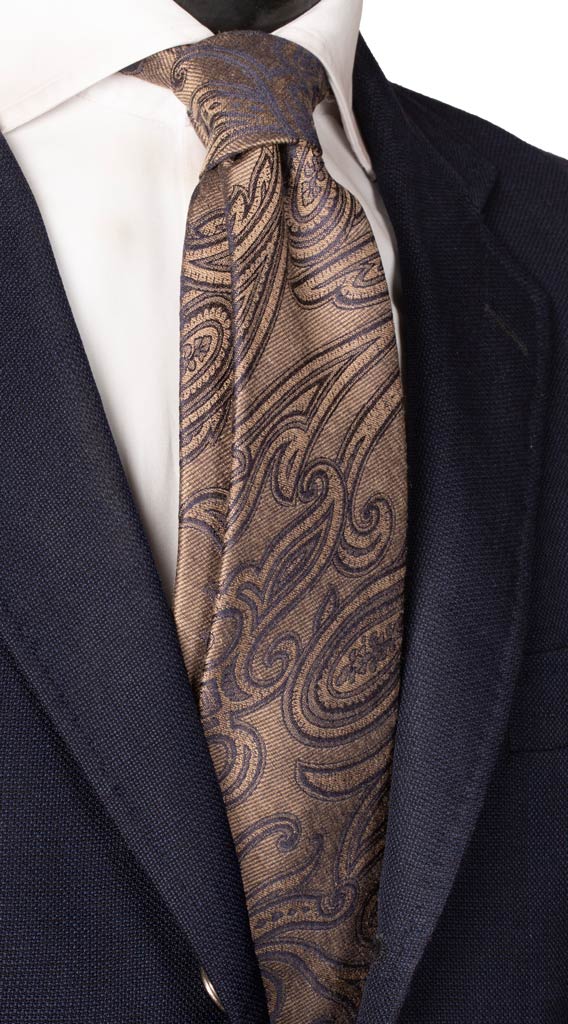 Cravatta di Seta Beige Scuro Paisley Blu Made in Italy Graffeo Cravatte