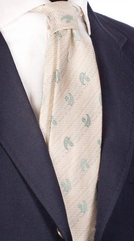 Cravatta di Seta Bianca Beige Chiaro Effetto Lino Paisley Verde Marino Made in Italy Graffeo Cravatte