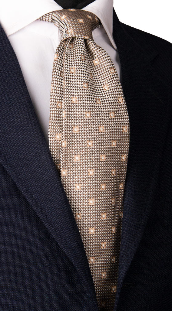 Cravatta di Seta Bianca Marrone Fantasia Beige Made in Italy Graffeo Cravatte