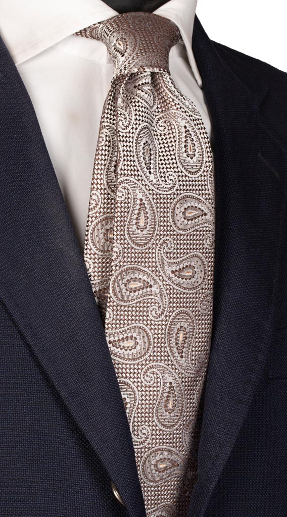Cravatta di Seta Bianca Marrone Paisley Beige Made in Italy Graffeo Cravatte