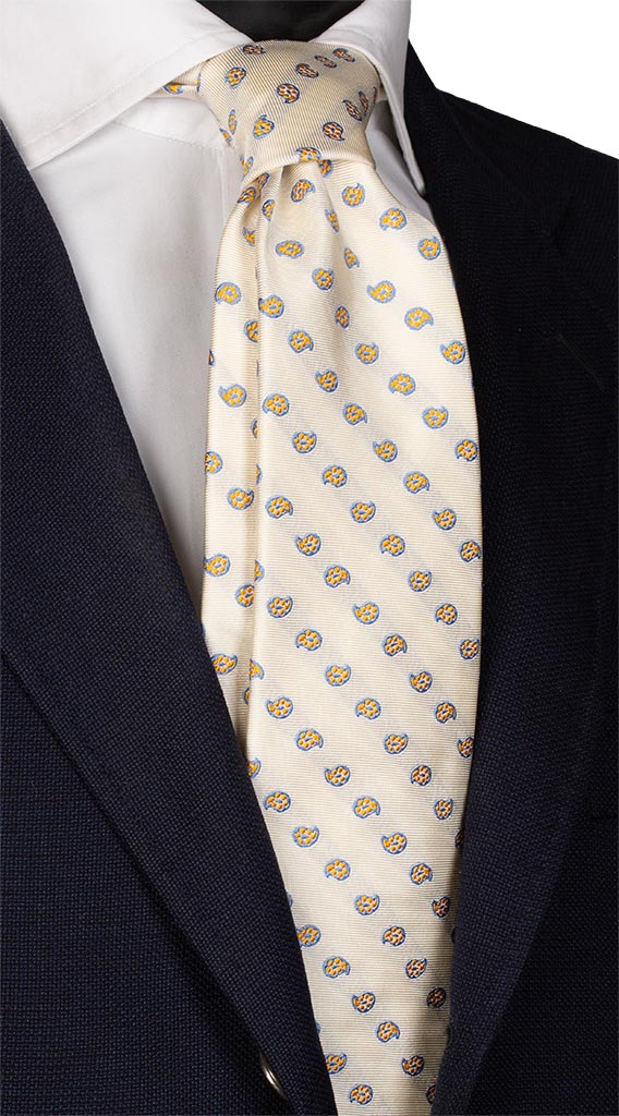 Cravatta di Seta Bianco Crema Paisley Gialli Blu Made in italy Graffeo Cravatte