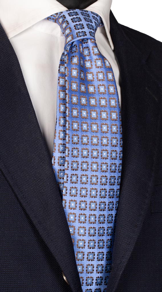 Cravatta di Seta Blu Avio Cangiante Fantasia Marrone Bianco Made in Italy graffeo Cravatte