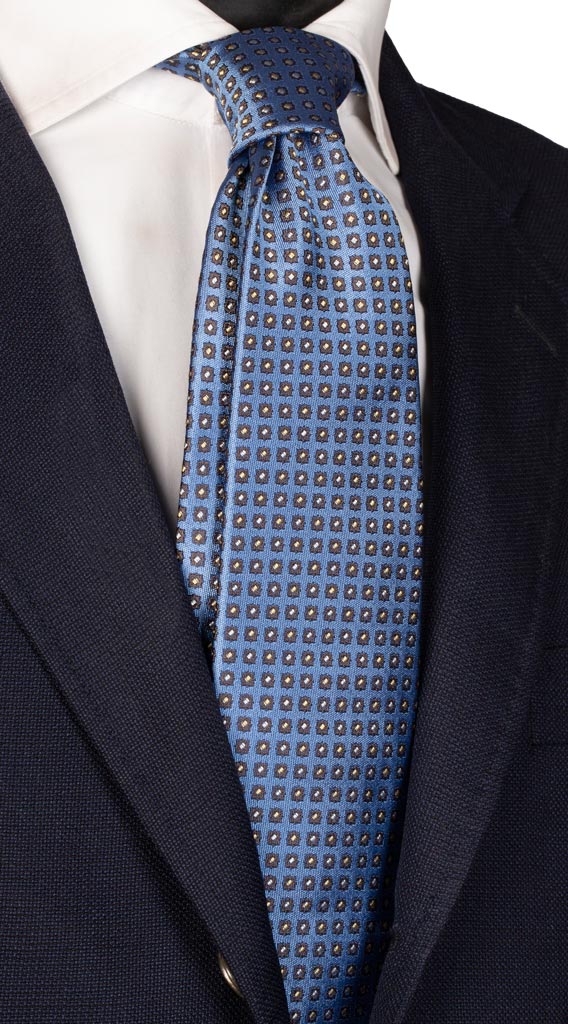 Cravatta di Seta Blu Avio Fantasia Marrone Gialla Bianca Made in Italy Graffeo Cravatte