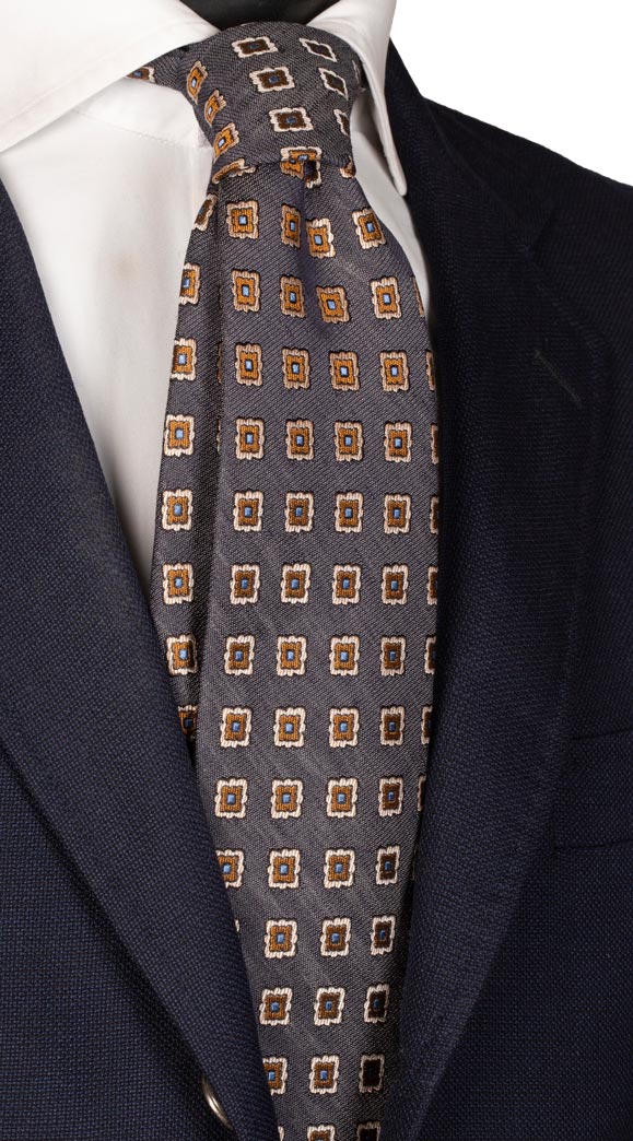 Cravatta di Seta Blu Chiaro Effetto Lino Fantasia Bianca Marrone Made in Italy Graffeo Cravatte