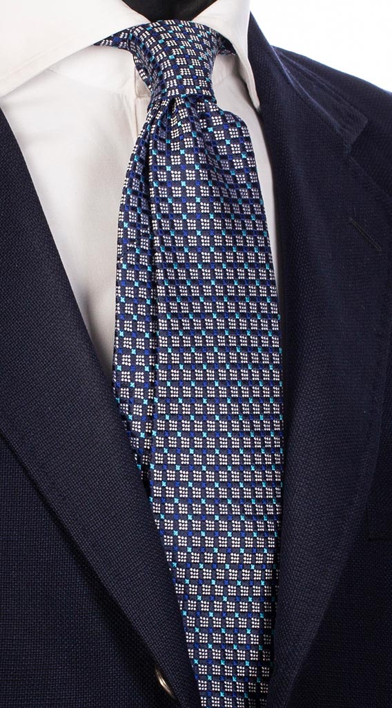 Cravatta di Seta Blu Fantasia Bluette Bianco Celeste Made in Italy Graffeo Cravatte