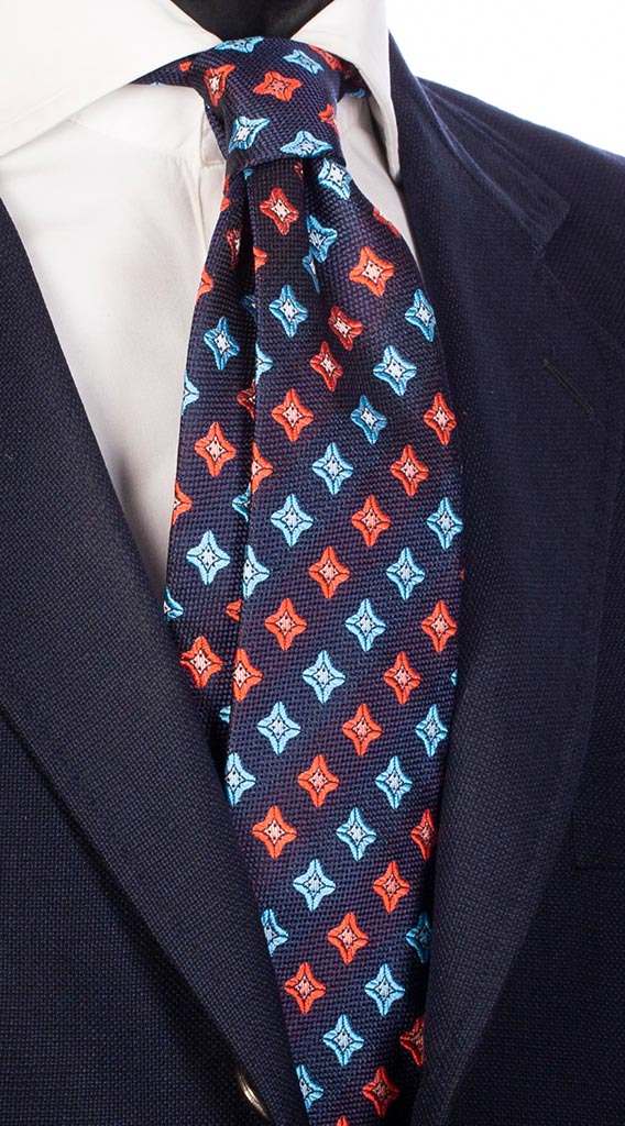 Cravatta di Seta Blu Fantasia Celeste Arancione Made in Italy Graffeo Cravatte