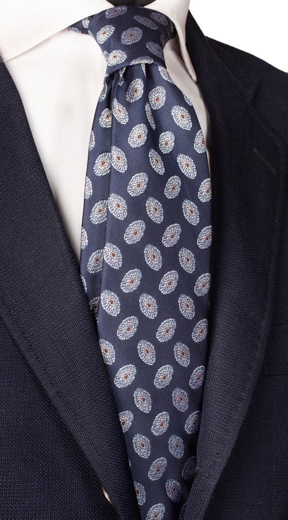 Cravatta di Seta Blu Fantasia Celeste Grigio Argento Marrone Made in Italy Graffeo Cravatte