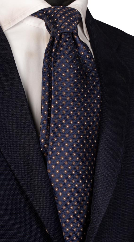 Cravatta di Seta Blu Fantasia Marrone Beige Chiaro Made in Italy graffeo Cravatte