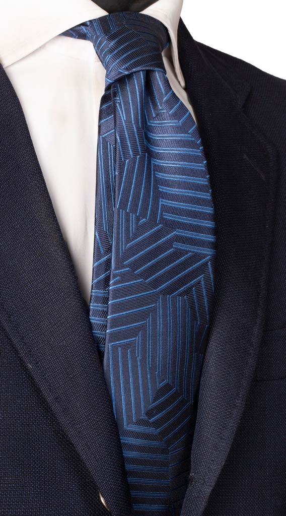 Cravatta di Seta Blu Fantasia Righe Celesti Made in Italy Graffeo Cravatte
