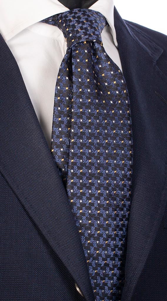Cravatta di Seta Blu Jeans Micro Fantasia Gialla Blu Made in Italy Graffeo Cravatte