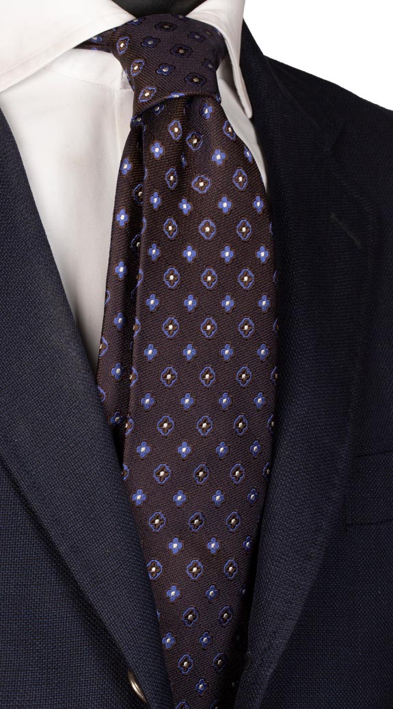 Cravatta di Seta Blu Marrone Fantasia Lavanda Marrone Bianca Made in italy Graffeo Cravatte