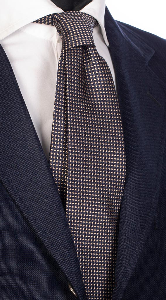 Cravatta di Seta Blu Micro Fantasia Beige Made in Italy Graffeo Cravatte