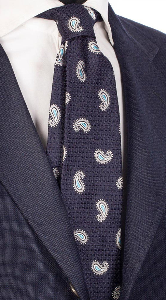 Cravatta di Seta Blu Micro Fantasia Tono Su Tono Paisley Bianco Azzurro Made in Italy Graffeo Cravatte