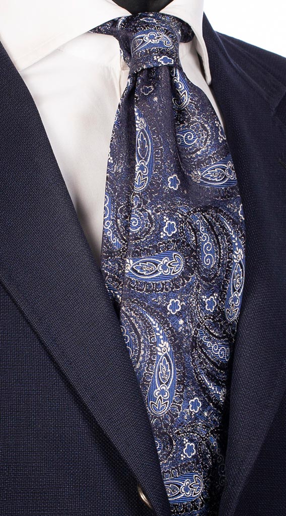 Cravatta di Seta Blu Navy Effetto Cangiante Paisley Blu Beige Made in Italy Graffeo Cravatte