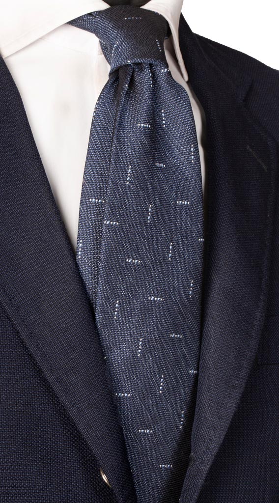 Cravatta di Seta Blu Navy Effetto Lino Fantasia Celeste Bianco Made in Italy graffeo Cravatte
