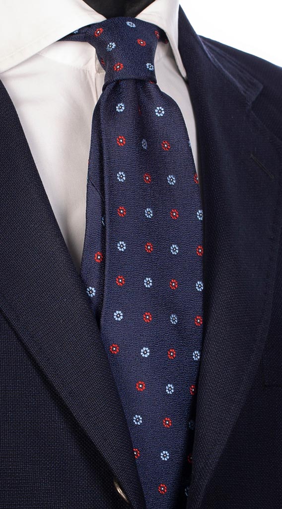 Cravatta di Seta Blu Navy Fantasia Floreale Celeste Arancio Bianco Made in Italy Graffeo Cravatte