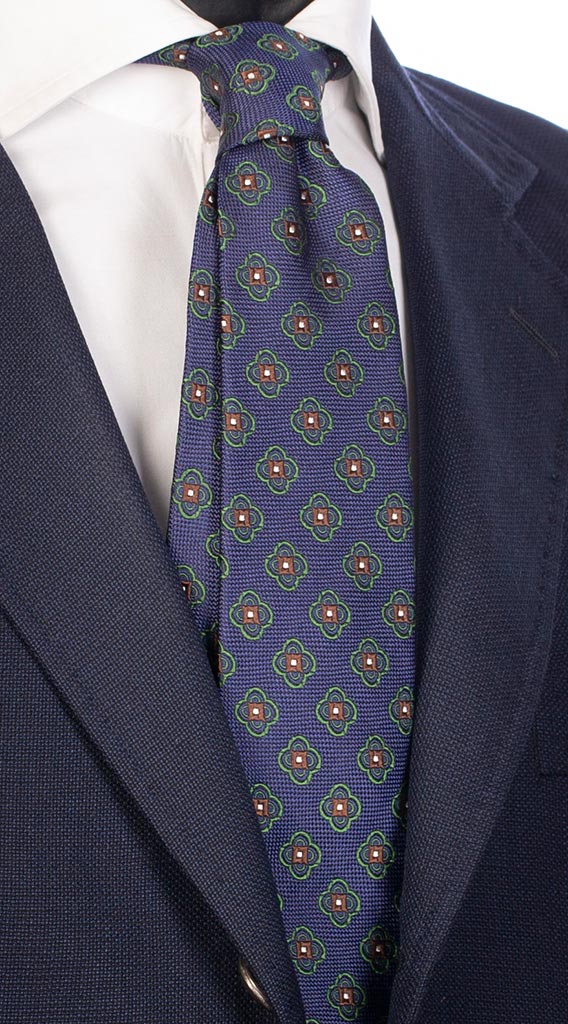 Cravatta di Seta Blu Navy Fantasia Verde Marrone Bianca Made in Italy Graffeo Cravatte