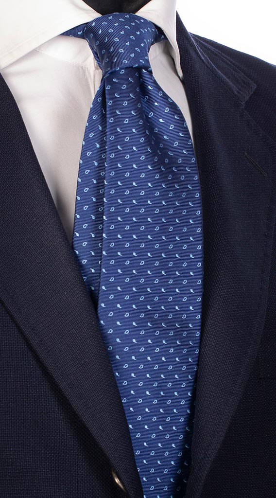 Cravatta di Seta Blu Navy Micro Paisley Celeste Made in Italy Graffeo Cravatte
