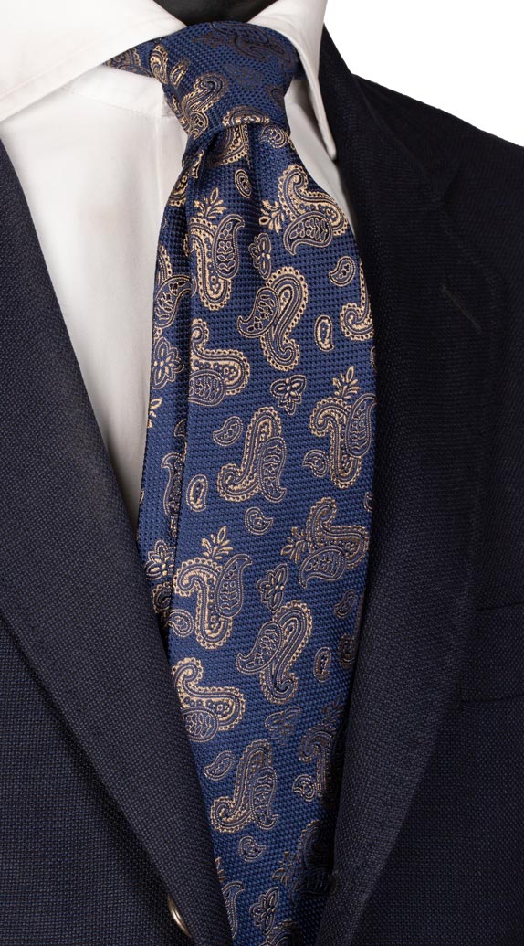 Cravatta di Seta Blu Navy Paisley Beige Made in Italy Graffeo Cravatte 