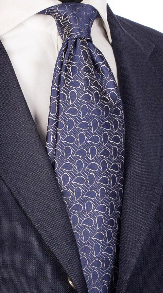 Cravatta di Seta Blu Navy Paisley Bianco Made in Italy Graffeo Cravatte