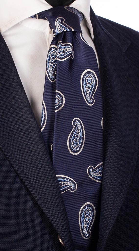 Cravatta di Seta Blu Navy Paisley Grigio Chiaro Celeste Made in Italy Graffeo Cravatte