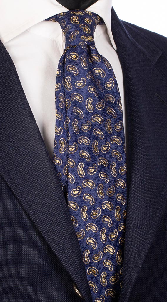 Cravatta di Seta Blu Navy Paisley Tono su Tono Giallo Made in Italy Graffeo Cravatte