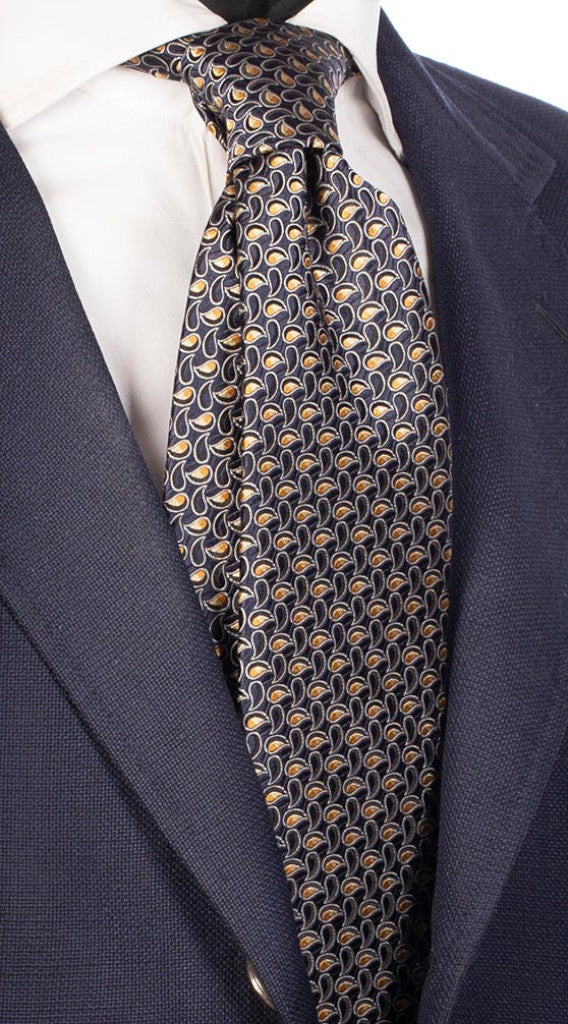 Cravatta di Seta Blu Paisley Tono su Tono Bianco Beige Giallo Made in Italy Graffeo Cravatte